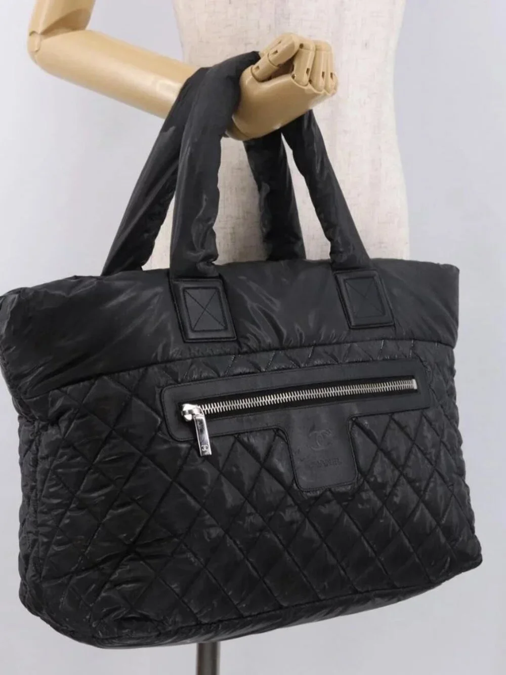 CHANEL Cococoon Tote Bag Nylon Black Silver CC Auth BA13097